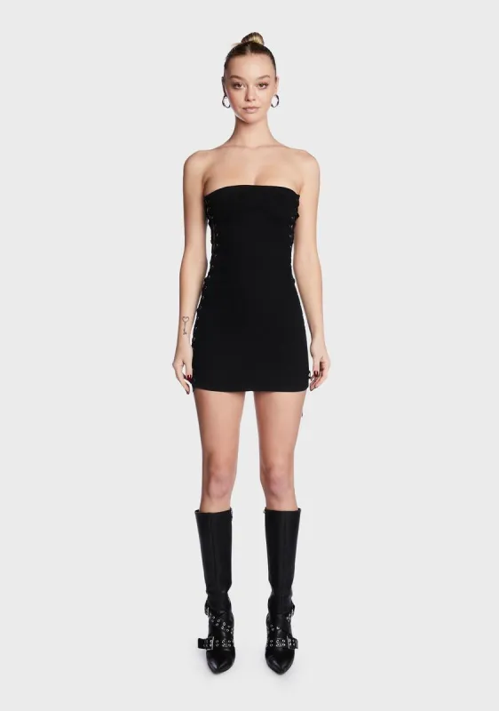 Black Denim Lace-Up Strapless Dress sold by Dolls Kill