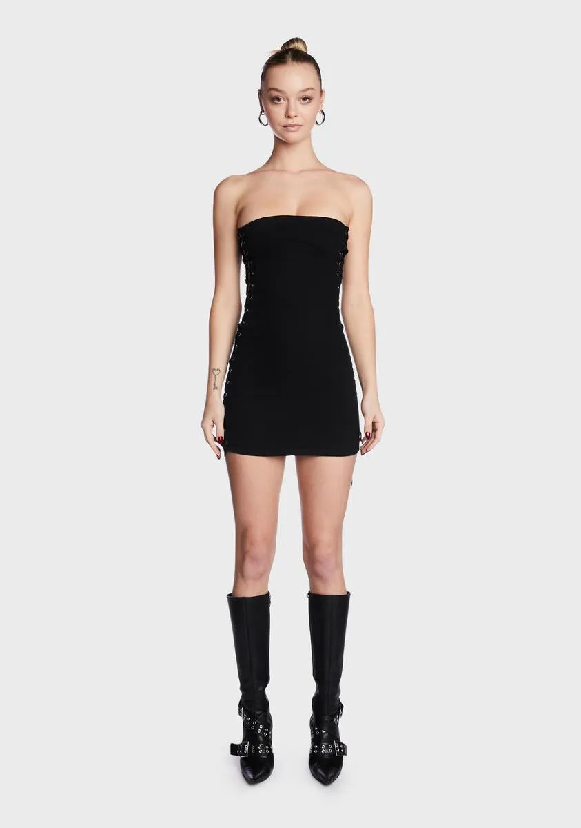 Black Denim Lace-Up Strapless Dress sold by Dolls Kill