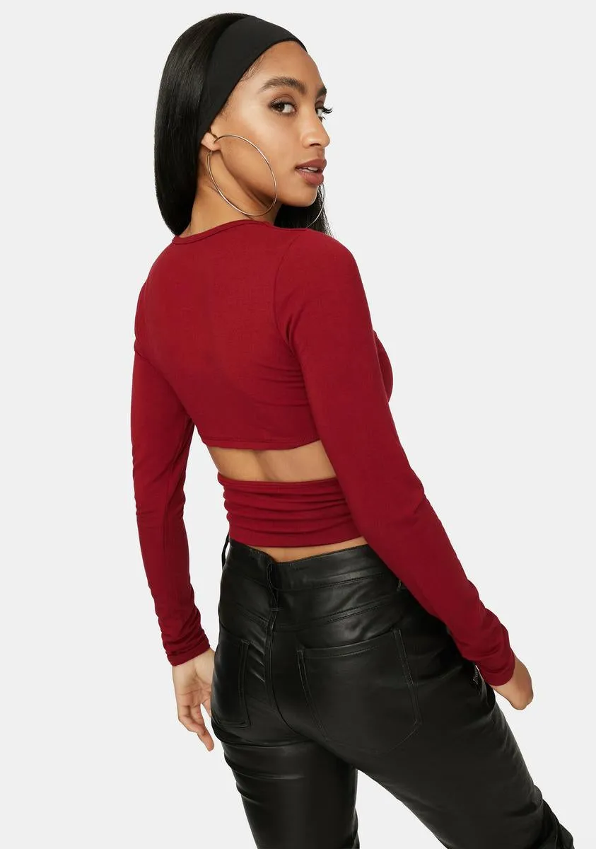 Merlot I'm A Catch Ruched Cutout Crop Top sold by Dolls Kill product image thumbnail 4