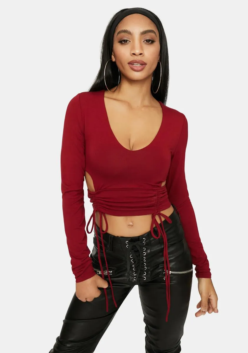 Merlot I'm A Catch Ruched Cutout Crop Top sold by Dolls Kill