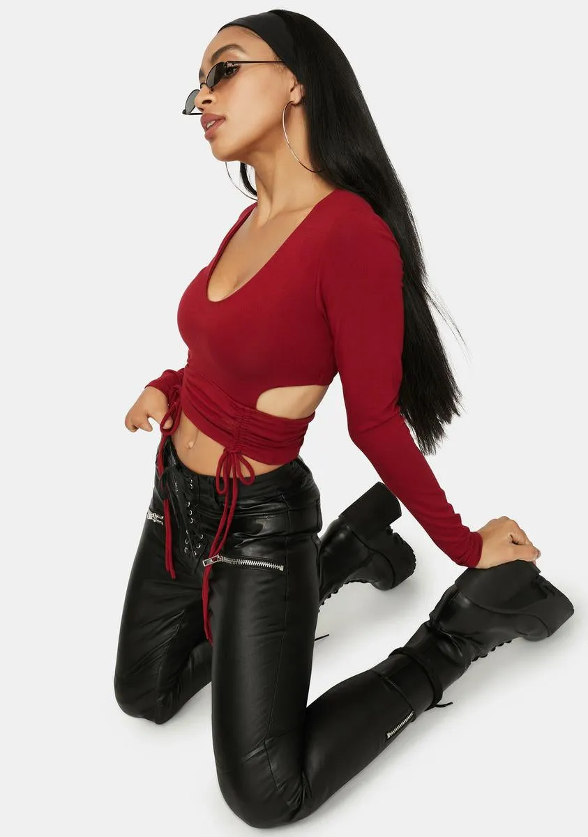 Merlot I'm A Catch Ruched Cutout Crop Top sold by Dolls Kill product image thumbnail 2