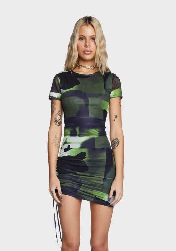 Ruching Detail Printed Mesh Mini Dress sold by Dolls Kill