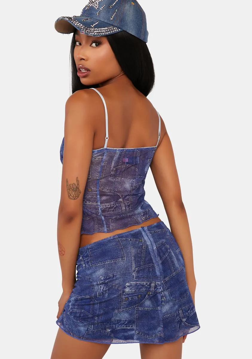 Gathered Denim Printed Mesh Skirt sold by Dolls Kill product image thumbnail 4