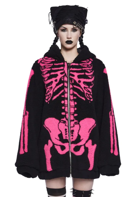 Baring It All Skeleton Hooded Sherpa Jacket - Pink sold by Dolls Kill