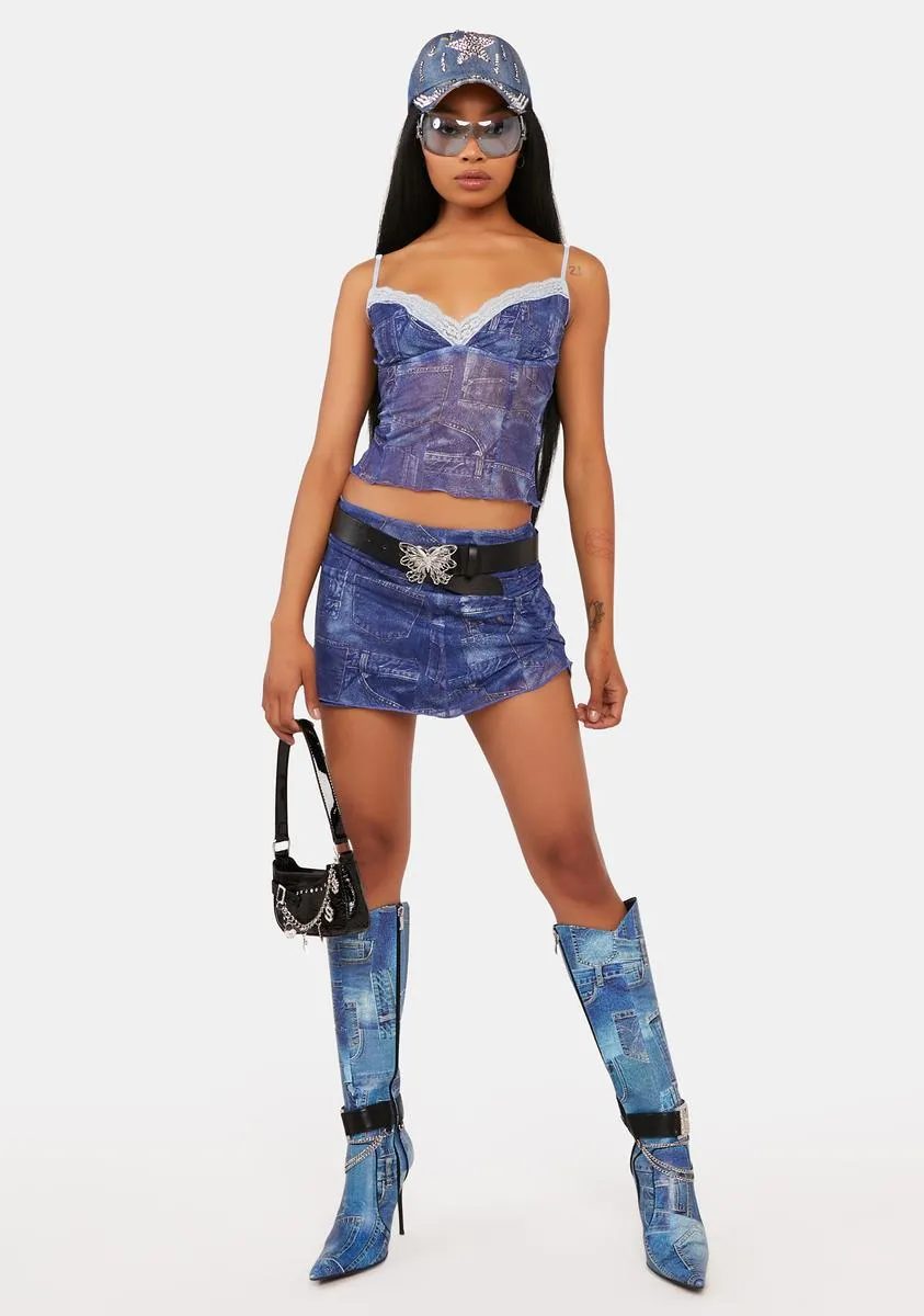 Gathered Denim Printed Mesh Skirt sold by Dolls Kill product image thumbnail 3