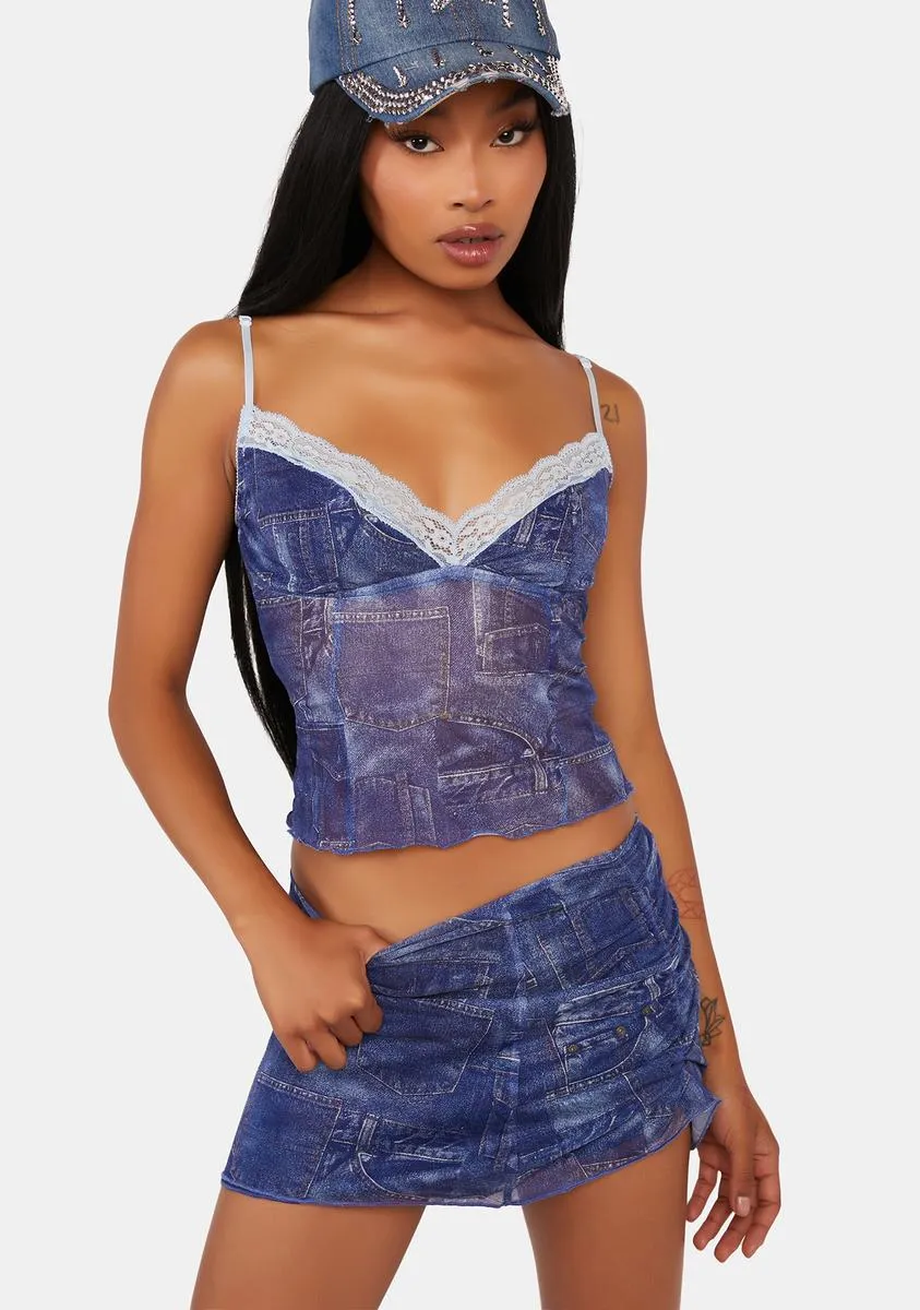 Gathered Denim Printed Mesh Skirt sold by Dolls Kill product image thumbnail 2