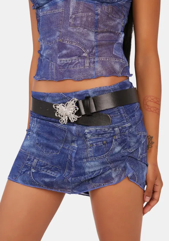 Gathered Denim Printed Mesh Skirt made by Edikted