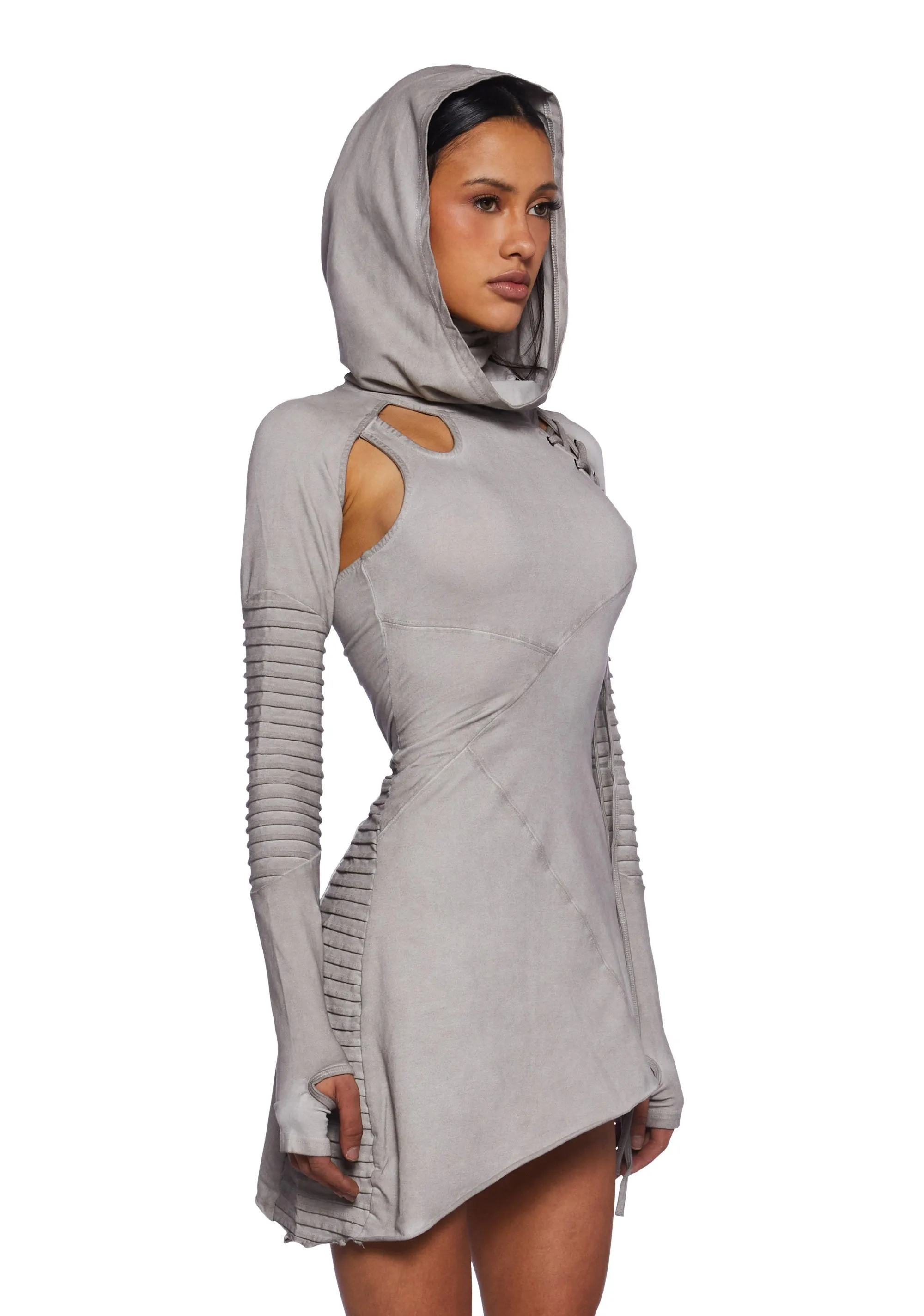 【 BOHEMSEO 】HOODED MINI DRESS Frequency Asymmetrical Hooded Mini Dress - Black | Parallel
