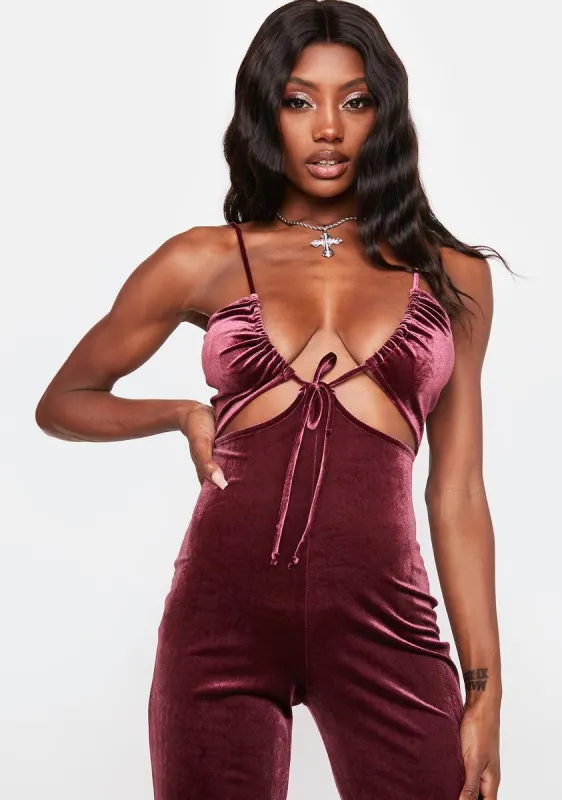 Berry Look This Way Velvet Jumpsuit sold by Dolls Kill