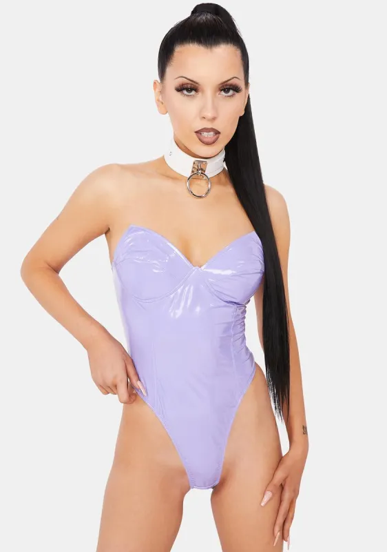 Lavender High Demands Vinyl Bodysuit sold by Dolls Kill