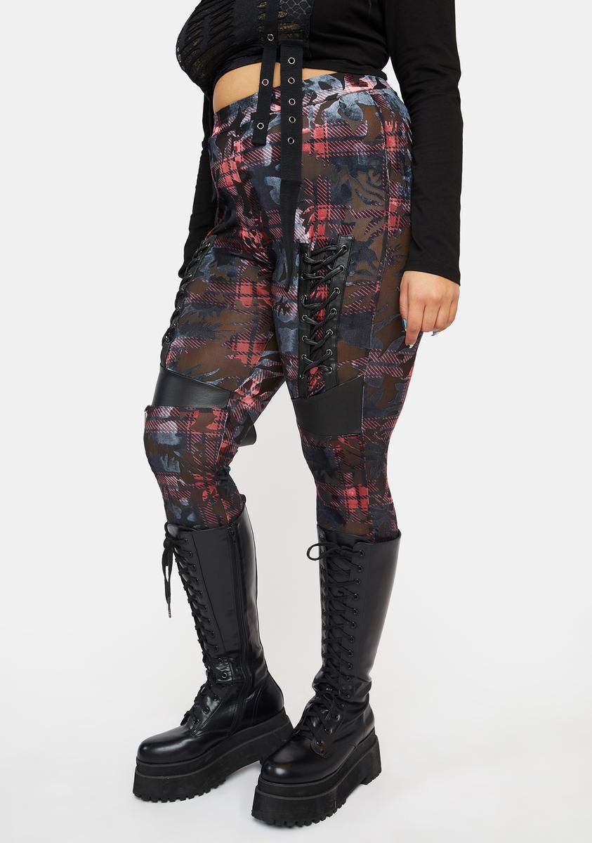 Plus Dark Silhouette Plaid Velvet Leggings sold by Dolls Kill