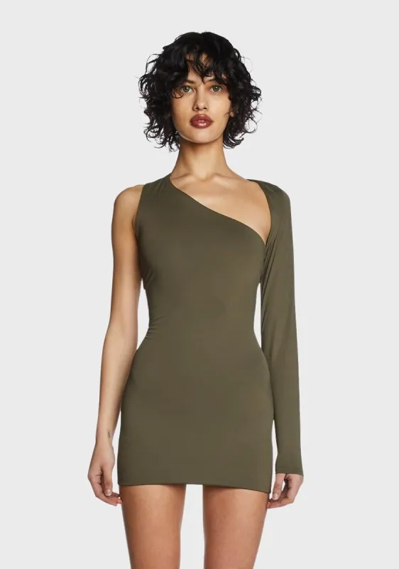 Olive One-Shoulder Cut-Out Mini Dress sold by Dolls Kill