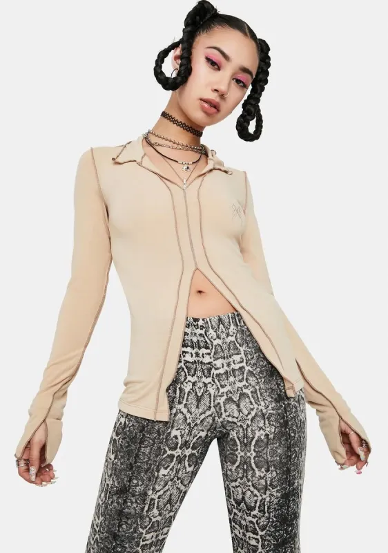 Clay Contrast Stitch Collared Top sold by Dolls Kill
