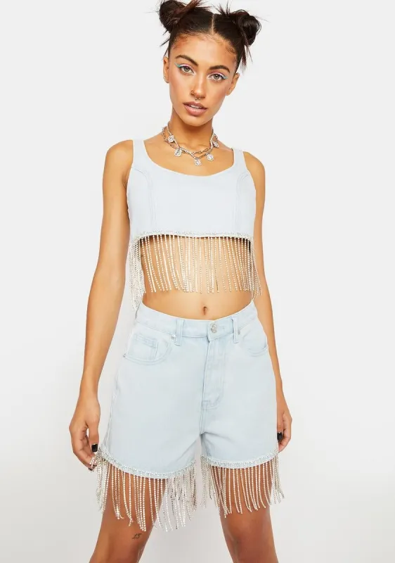 Denim Shorts With Diamante Fringe sold by Dolls Kill
