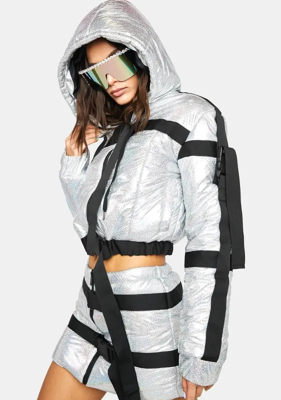 Space Raid Holographic Puffer Jacket sold by Dolls Kill
