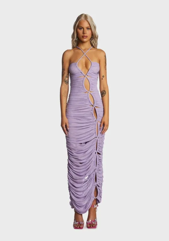 Lilac Cross Tie Shirred Maxi Dress sold by Dolls Kill