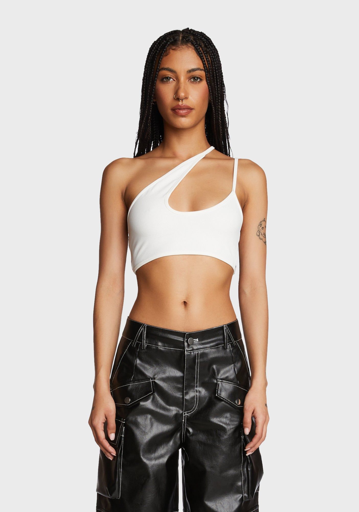 Asymmetrical Ribbed Cut Out Crop Top - White sold by Dolls Kill