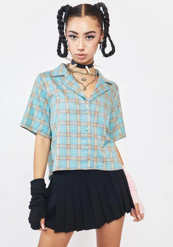 Blue Check Crop Button Up Shirt sold by Dolls Kill