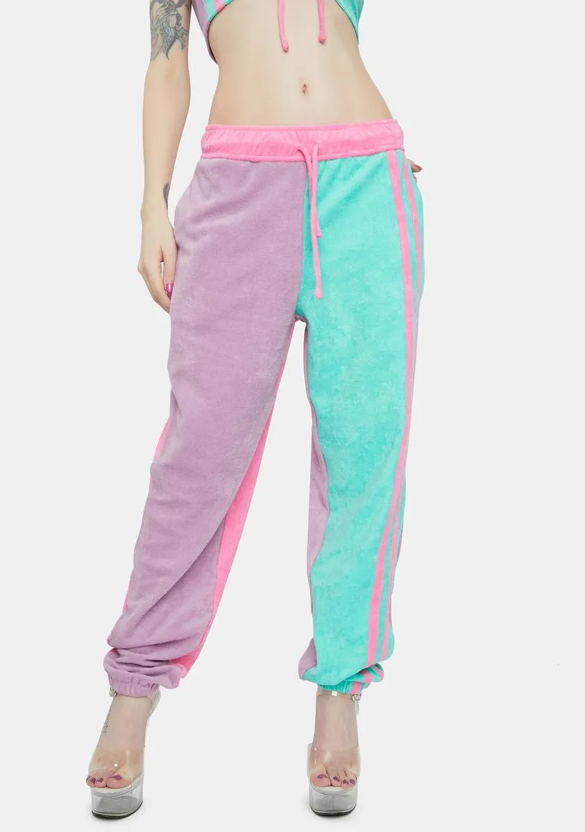 Purple And Turquoise Towelling Sweatpants sold by Dolls Kill