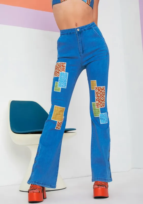 Sunny Afternoon Patchwork Flare Pants sold by Dolls Kill
