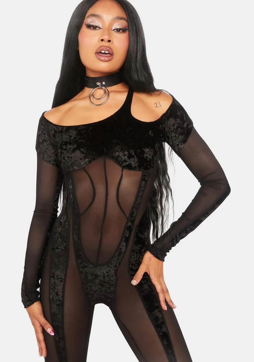 Sheer Black Velvet-Mesh Catsuit sold by Dolls Kill