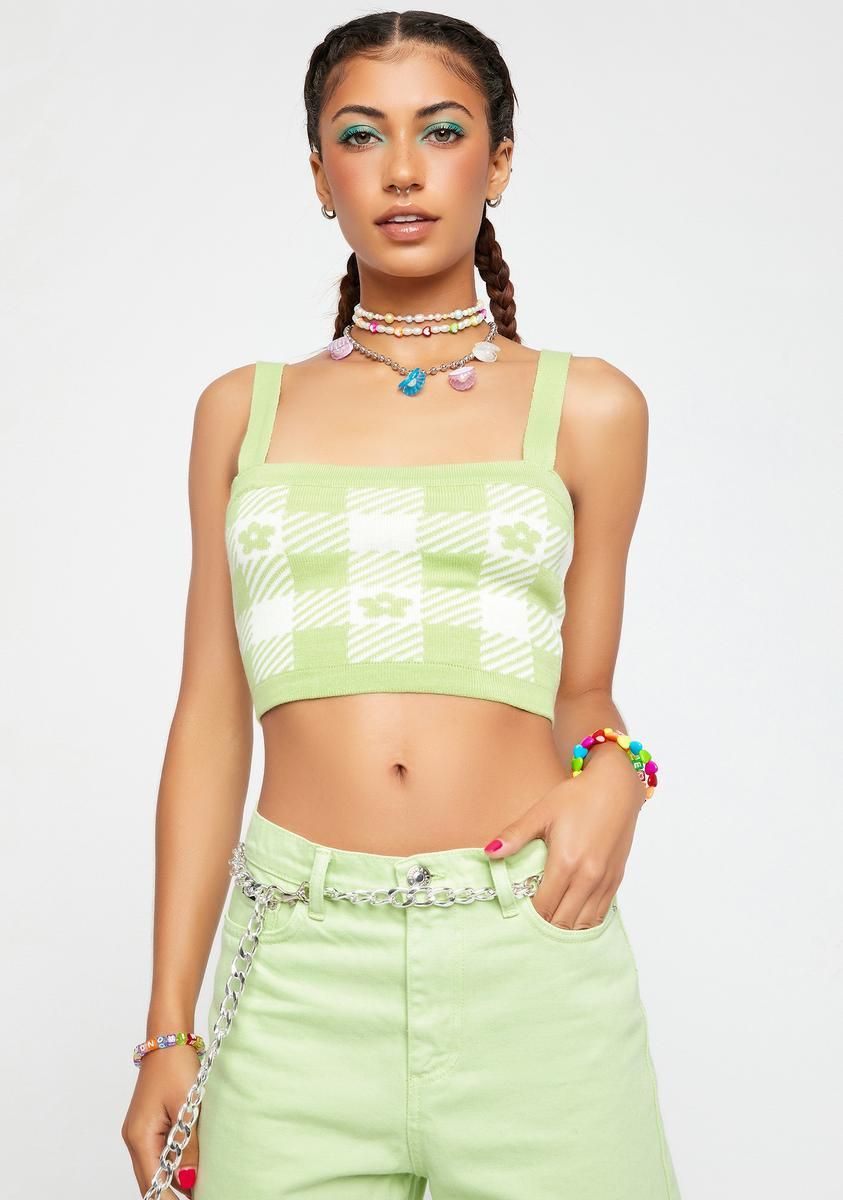 Green Flower Gingham Crop Top sold by Dolls Kill