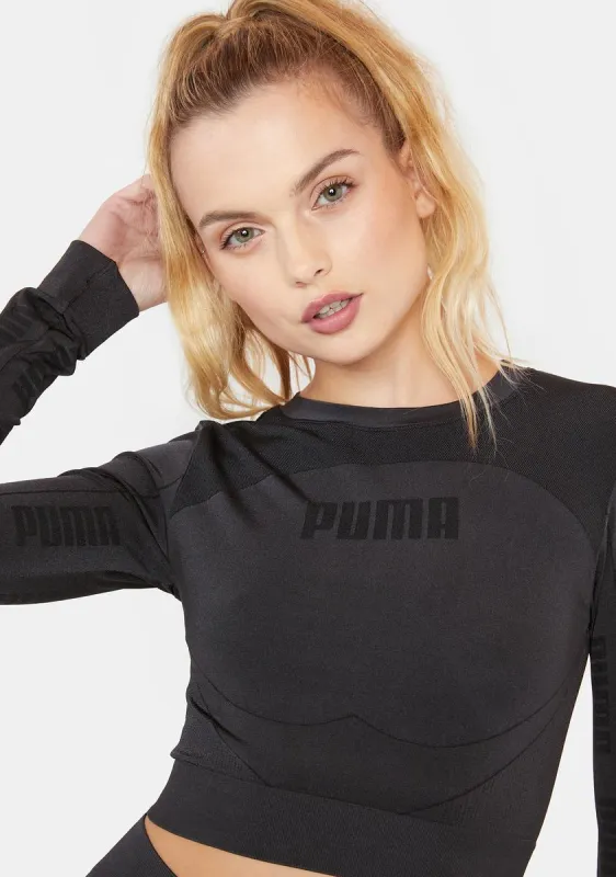 Black Evostripe Evoknit Long Sleeve Crop Top sold by Dolls Kill