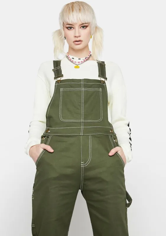 Olive Biding Time Denim Overalls sold by Dolls Kill