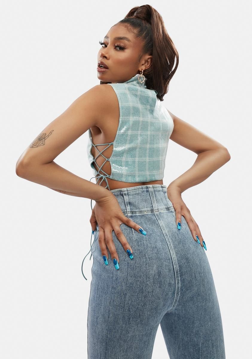 Teal Jazz Up Sequin Plaid Tank sold by Dolls Kill product image thumbnail 4