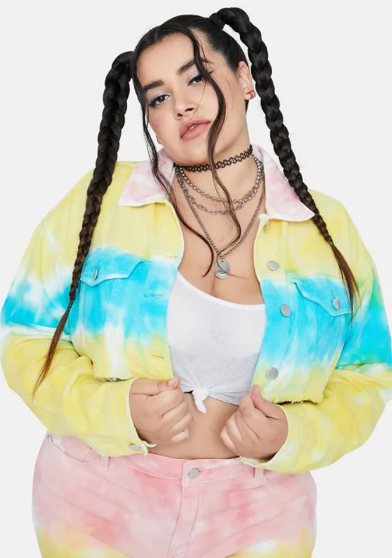 Plus Sun Dance Tie Dye Crop Denim Jacket sold by Dolls Kill