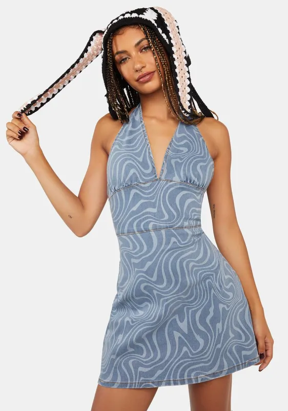 Denim Swirl Halter Mini Dress sold by Dolls Kill