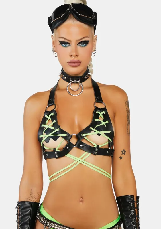 Black & Neon Green Faux Leather Lace-Up Bra Top sold by Dolls Kill