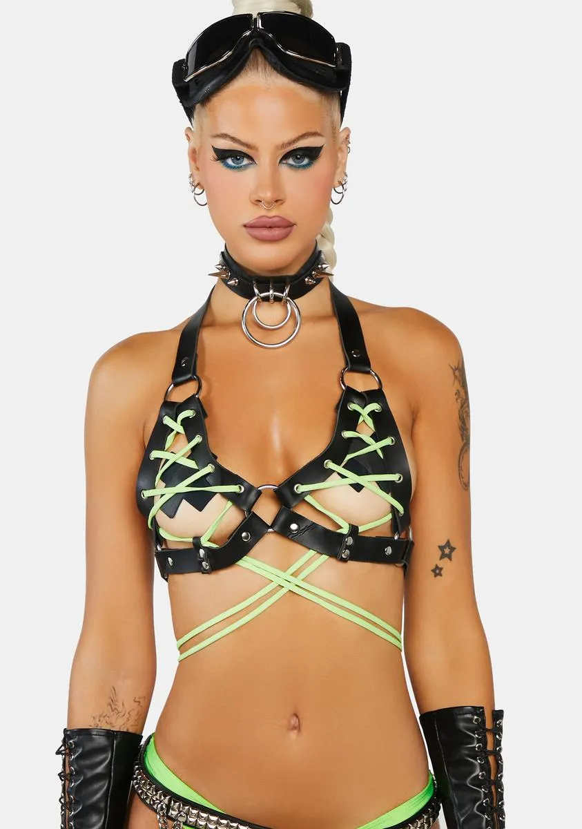 Black & Neon Green Faux Leather Lace-Up Bra Top sold by Dolls Kill