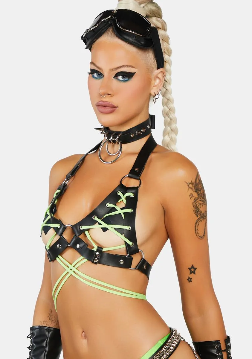 Black & Neon Green Faux Leather Lace-Up Bra Top sold by Dolls Kill product image thumbnail 2