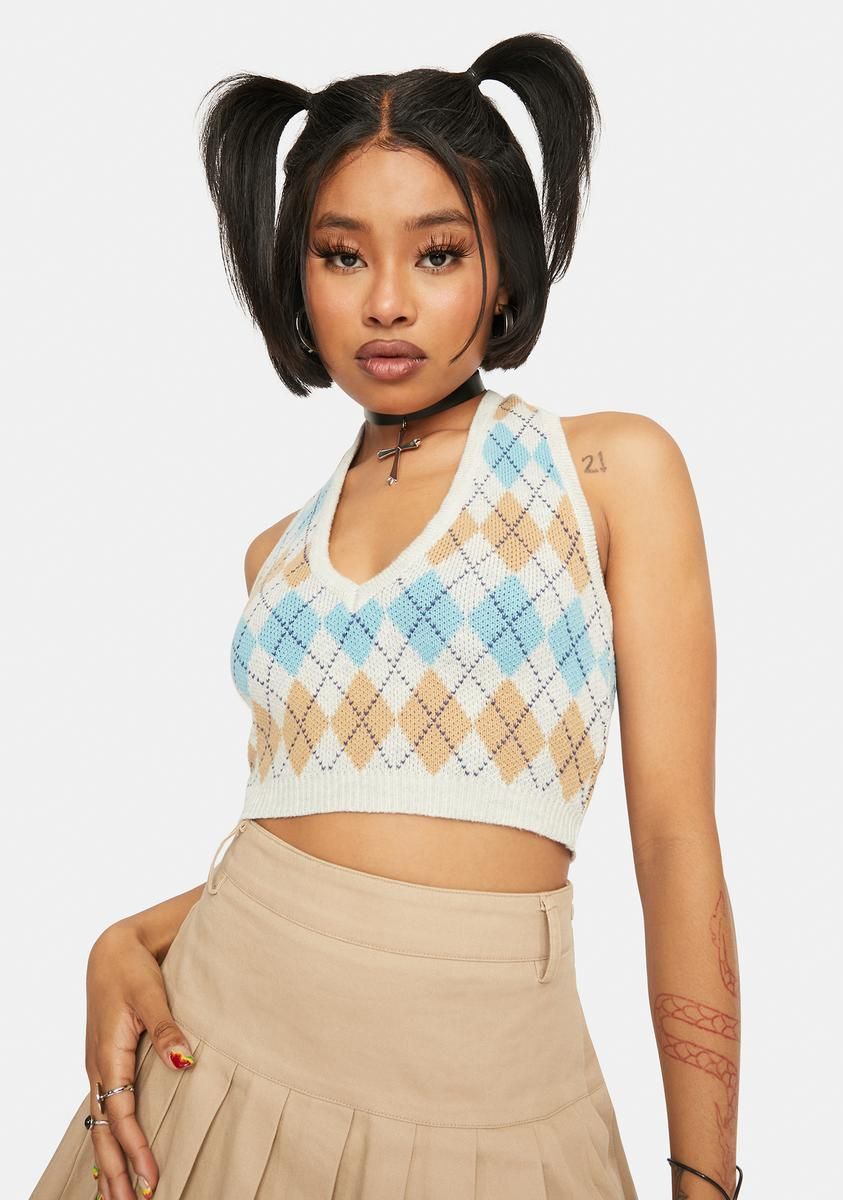Oatmeal Argyle Crop Top sold by Dolls Kill