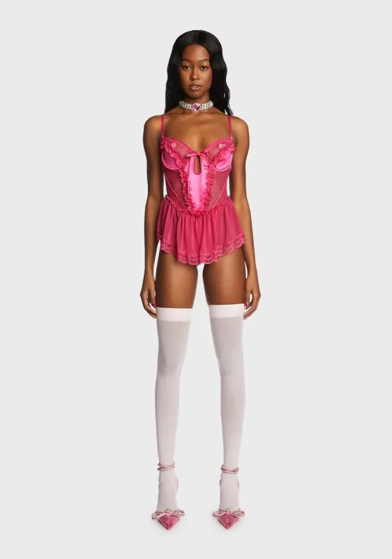 Spoiled But Not Rotten Lace Teddy - Hot Pink sold by Dolls Kill