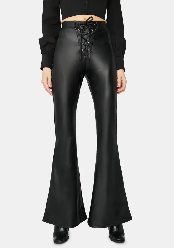 On The Rise Vegan Leather Flare Pants sold by Dolls Kill