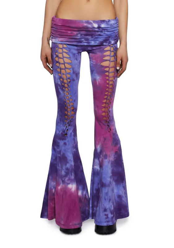Dew Morning Lace-Up Flare Pants-Tie Dye sold by Dolls Kill