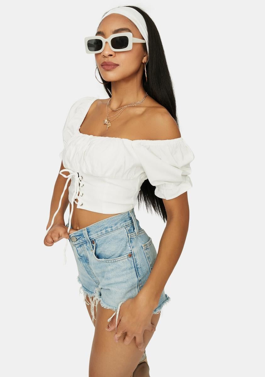 Pure No Spoilers Off Shoulder Lace Up Crop Top sold by Dolls Kill product image thumbnail 2