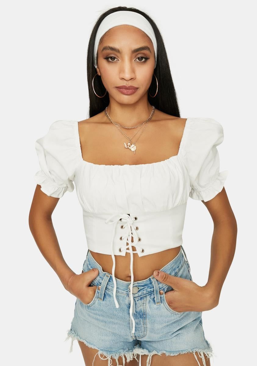 Pure No Spoilers Off Shoulder Lace Up Crop Top sold by Dolls Kill