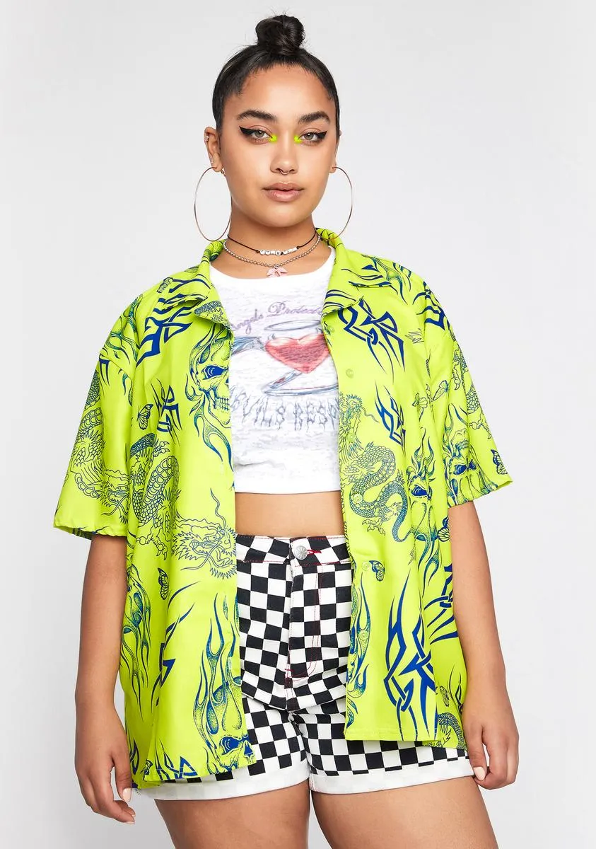 Plus Skull Dragon Button Up Shirt sold by Dolls Kill