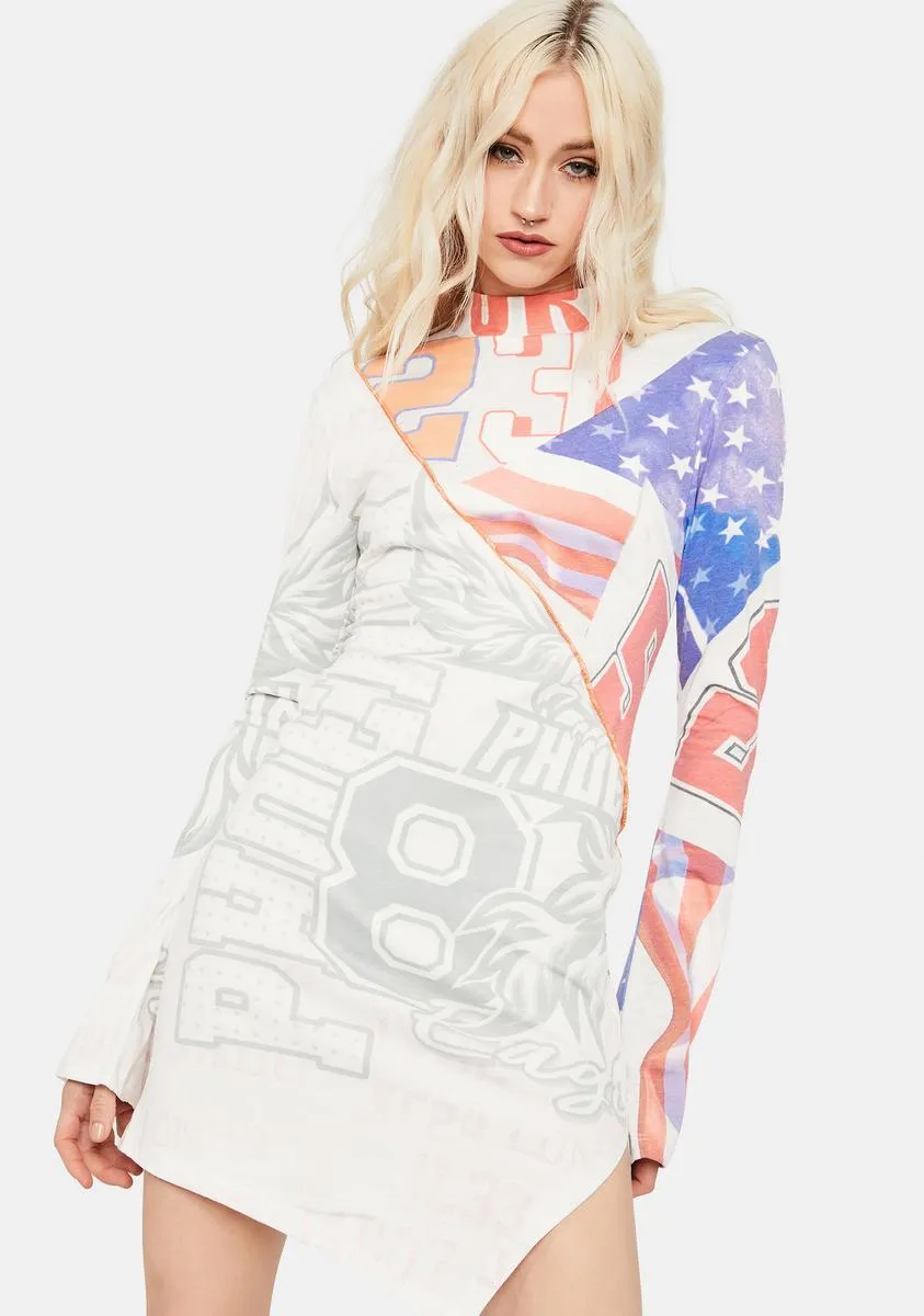 Varsity Flag Print Cut & Sew Long Sleeve Jersey Dress sold by Dolls Kill