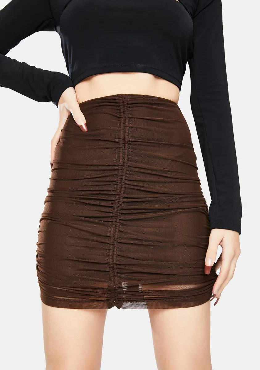 Chocolate Mesh Solena Ruched Mini Skirt sold by Dolls Kill