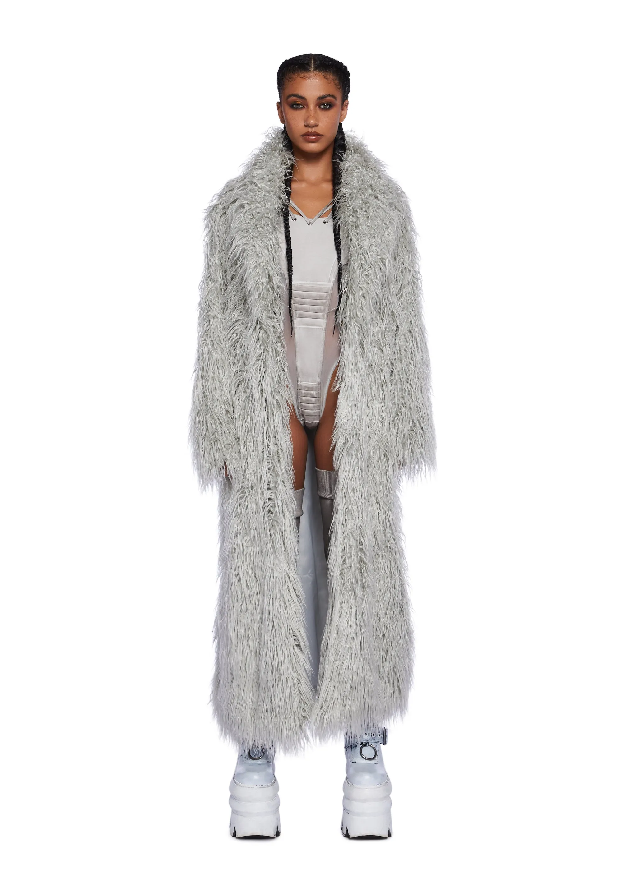 Astro Arctic Faux Fur Coat - Gray sold by Dolls Kill