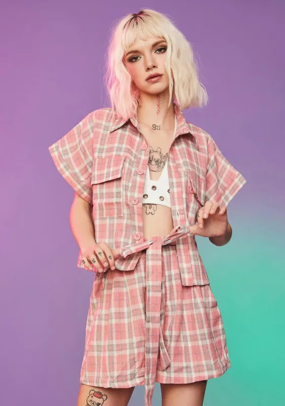 Cotton Candy Plaid Tie Waist Shorts Set sold by Dolls Kill