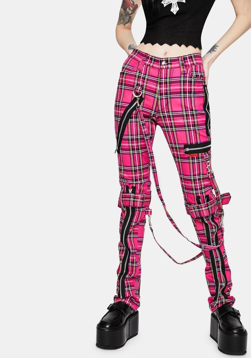 Neon Pink Plaid Bondage Pants sold by Dolls Kill