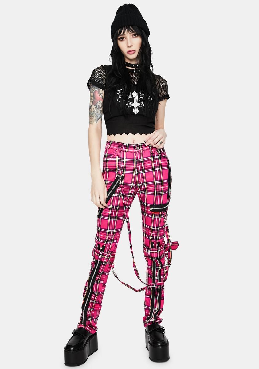 Neon Pink Plaid Bondage Pants sold by Dolls Kill product image thumbnail 2