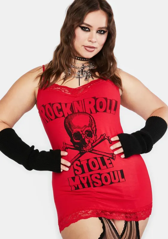 Plus Red Rock N Roll Stole My Soul Cami Mini Dress sold by Dolls Kill