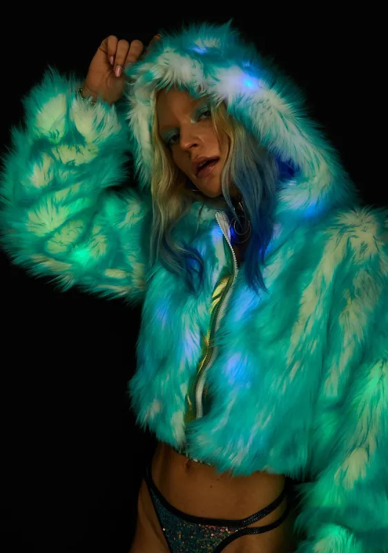 Light-Up Aqua Tip Fur Crop Jacket sold by Dolls Kill