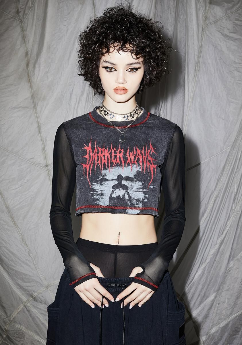 Reverb Mesh Sleeve Graphic Crop Tee sold by Dolls Kill